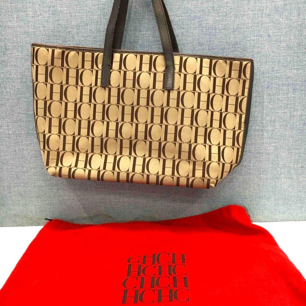 Carolina Herrera Canvas Brown Leather Handbag